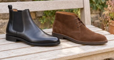 Černá Chelsea bota s pruženkou vedle hnědé semišové chukka boty se šněrováním