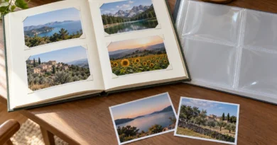Otevřené papírové fotoalbum s krajinářskými snímky ve fotorůžcích a průhledným kapsovým listem