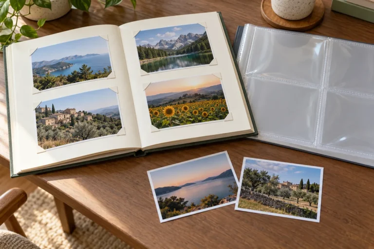 Otevřené papírové fotoalbum s krajinářskými snímky ve fotorůžcích a průhledným kapsovým listem