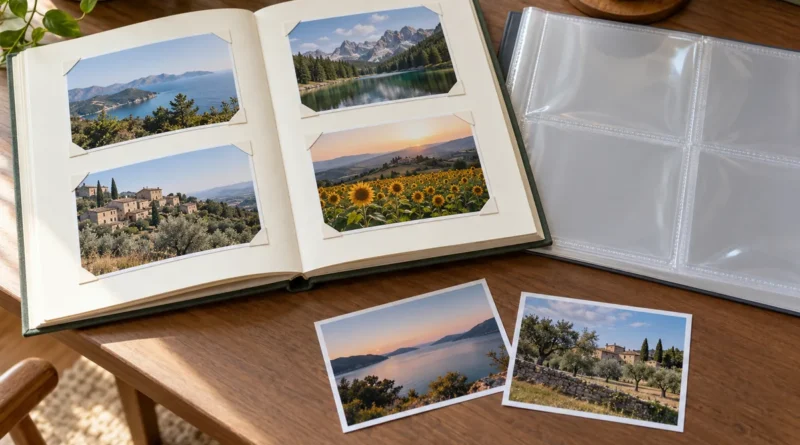 Otevřené papírové fotoalbum s krajinářskými snímky ve fotorůžcích a průhledným kapsovým listem