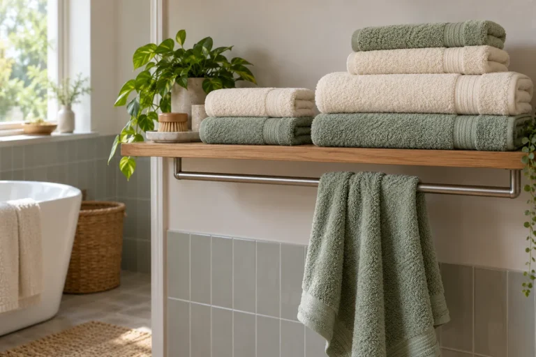 Složené světlé a zelené froté ručníky vedle osušky zavěšené na volné tyči