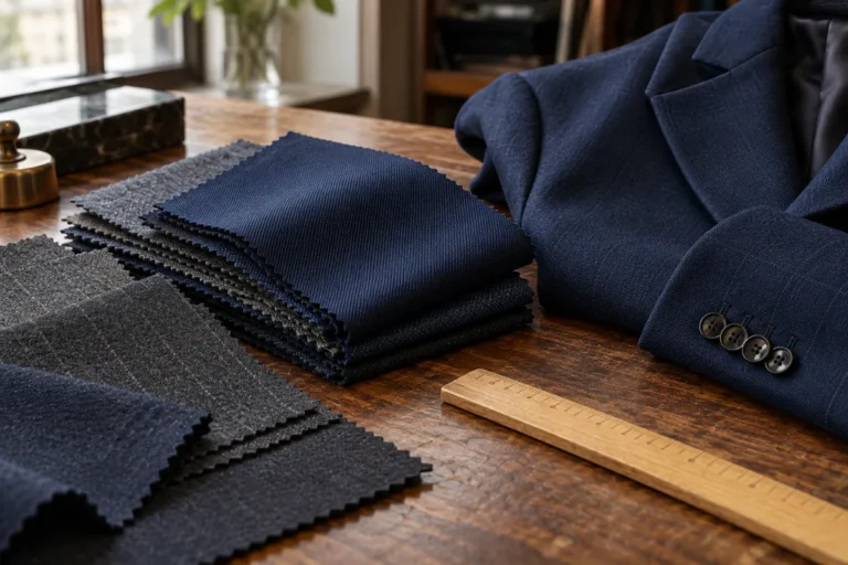 Vzorník tmavě modrých a šedých oblekových látek vedle saka na krejčovském stole