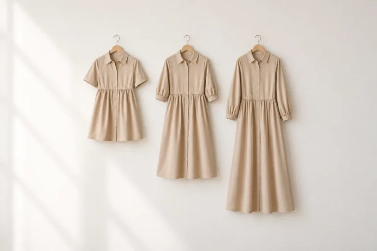 Tři béžové šaty stejného stylu s rozdílnou délkou a polohou pasu na ramínkách
