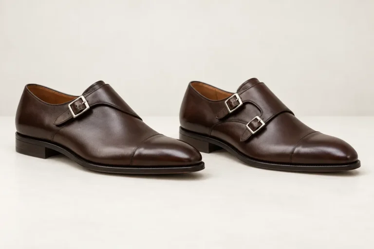 Dvě hnědé polobotky monk strap s jednou a dvěma kovovými sponami