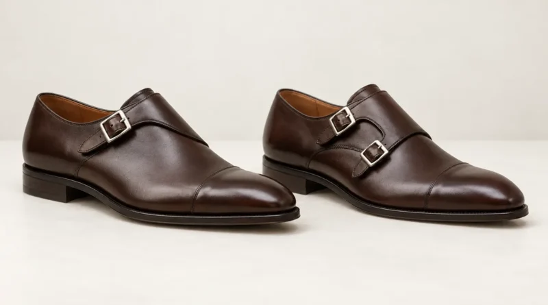 Dvě hnědé polobotky monk strap s jednou a dvěma kovovými sponami