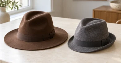 Hnědá fedora se širší krempou vedle šedého trilby s krátkou vzadu zdviženou krempou