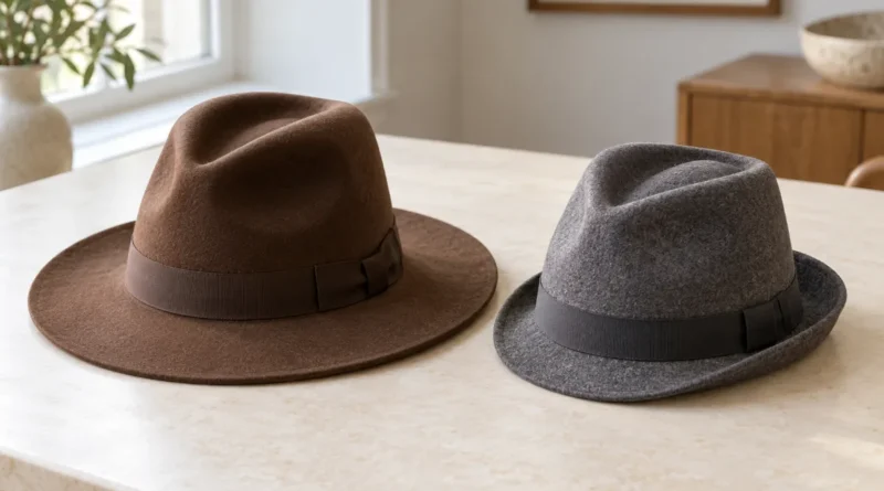 Hnědá fedora se širší krempou vedle šedého trilby s krátkou vzadu zdviženou krempou