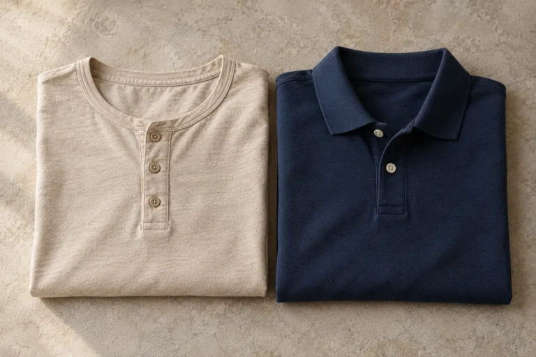 Béžové henley s kulatým výstřihem a krátkou knoflíkovou légou vedle tmavě modrého polo trička
