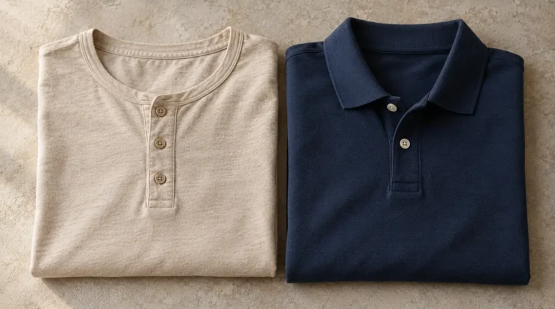 Béžové henley s kulatým výstřihem a krátkou knoflíkovou légou vedle tmavě modrého polo trička
