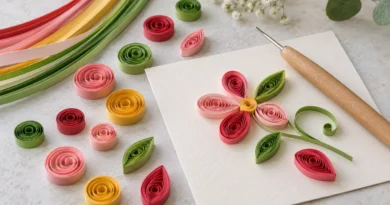 Barevné papírové spirály a kapky pro quilling vedle navíjecí pomůcky a malého rozpracovaného květinového motivu