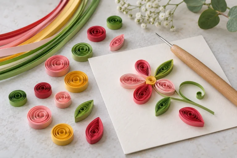 Barevné papírové spirály a kapky pro quilling vedle navíjecí pomůcky a malého rozpracovaného květinového motivu