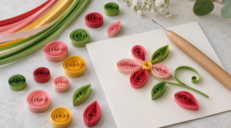 Barevné papírové spirály a kapky pro quilling vedle navíjecí pomůcky a malého rozpracovaného květinového motivu