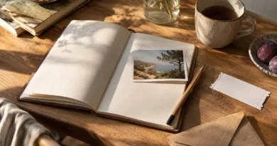 Cestovní deník s fotografií krajiny, tužkou a obálkou na domácím stole