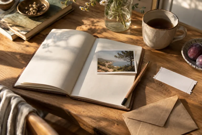 Cestovní deník s fotografií krajiny, tužkou a obálkou na domácím stole