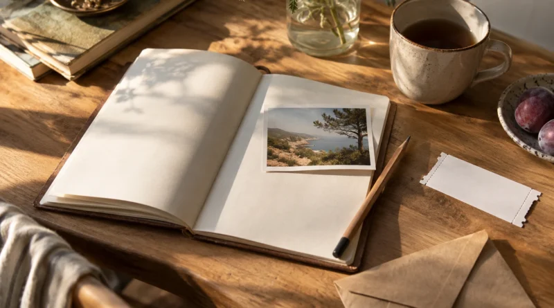 Cestovní deník s fotografií krajiny, tužkou a obálkou na domácím stole