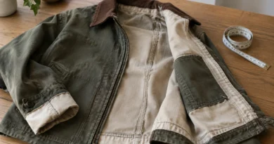 Použitá bunda s viditelnou podšívkou, zapínáním a manžetami na stole