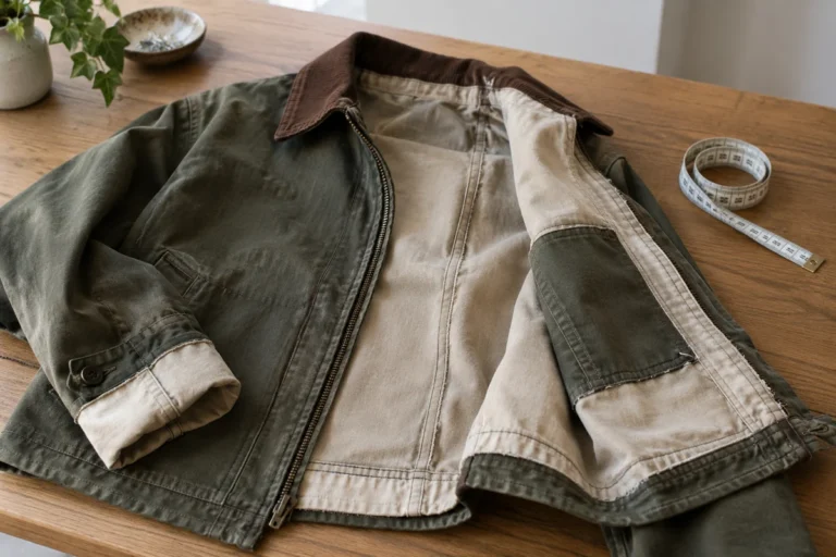 Použitá bunda s viditelnou podšívkou, zapínáním a manžetami na stole