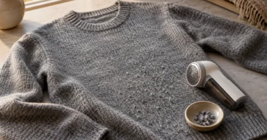 Šedý svetr položený naplocho a odžmolkovač odložený vedle materiálu