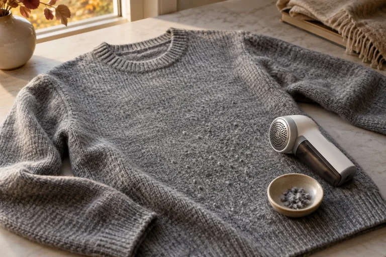 Šedý svetr položený naplocho a odžmolkovač odložený vedle materiálu