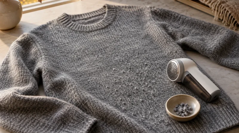 Šedý svetr položený naplocho a odžmolkovač odložený vedle materiálu