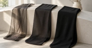 Tři černé punčochové materiály s různou průhledností v měkkém denním světle