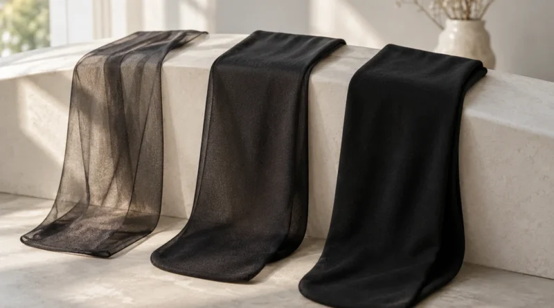 Tři černé punčochové materiály s různou průhledností v měkkém denním světle