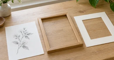 Drobná botanická kresba, samostatný dřevěný rám a světlá pasparta na stole