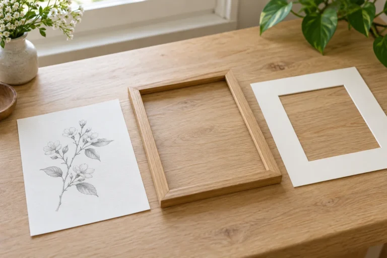 Drobná botanická kresba, samostatný dřevěný rám a světlá pasparta na stole