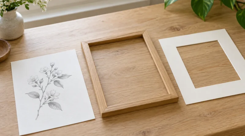 Drobná botanická kresba, samostatný dřevěný rám a světlá pasparta na stole