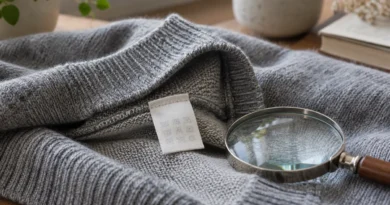 Šedý oděv otočený ke všitému štítku se složením a lupa vedle něj