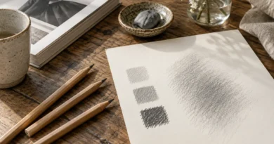 Tři grafitové tužky a zkušební plochy v různých odstínech šedé na papíře