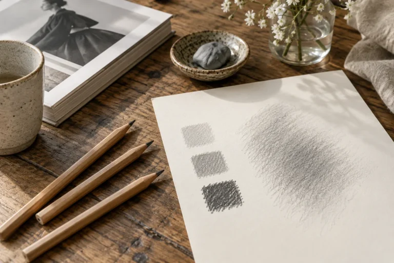 Tři grafitové tužky a zkušební plochy v různých odstínech šedé na papíře