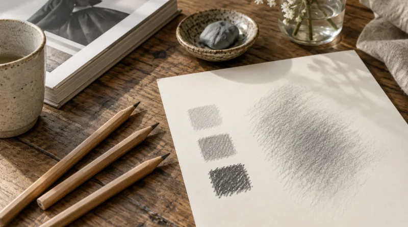 Tři grafitové tužky a zkušební plochy v různých odstínech šedé na papíře