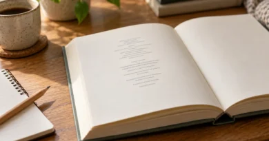 Otevřená kniha na stránce s drobnými publikačními údaji vedle poznámkového bloku