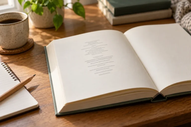 Otevřená kniha na stránce s drobnými publikačními údaji vedle poznámkového bloku