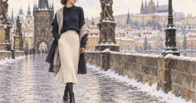 Autorská módní ilustrace ženy v krémové copánkové midi sukni a tmavém svetru.