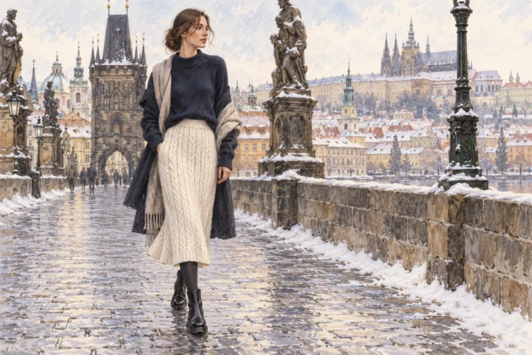 Autorská módní ilustrace ženy v krémové copánkové midi sukni a tmavém svetru.