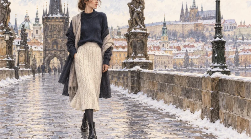 Autorská módní ilustrace ženy v krémové copánkové midi sukni a tmavém svetru.