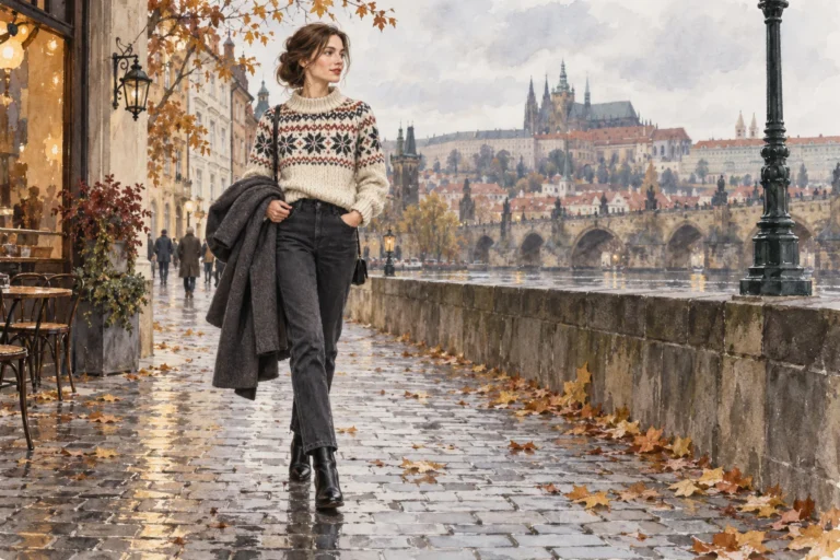 Autorská ilustrace ženy ve světlém Fair Isle svetru a tmavých džínách v podzimní Praze.