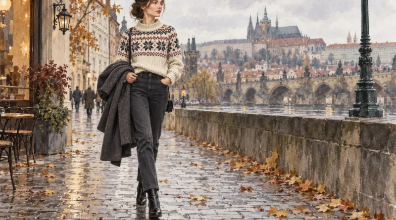 Autorská ilustrace ženy ve světlém Fair Isle svetru a tmavých džínách v podzimní Praze.