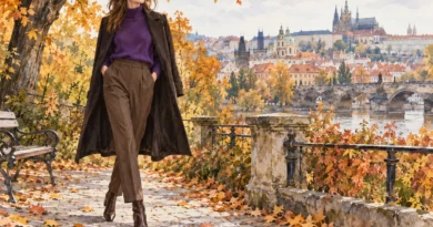 Autorská módní ilustrace ženy ve fialovém svetru a hnědých kalhotách.