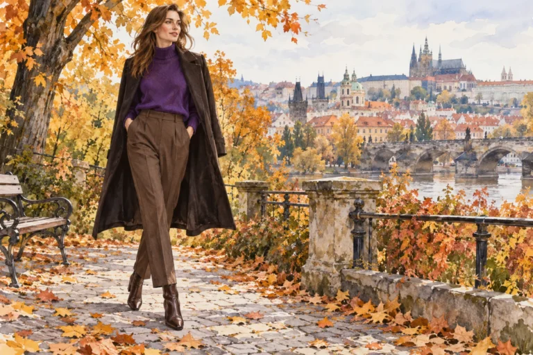 Autorská módní ilustrace ženy ve fialovém svetru a hnědých kalhotách.