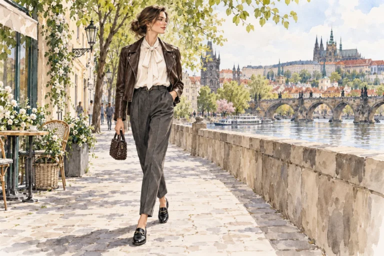 Autorská ilustrace ženy ve světlé halence s vázačkou a tmavé kožené bundě.
