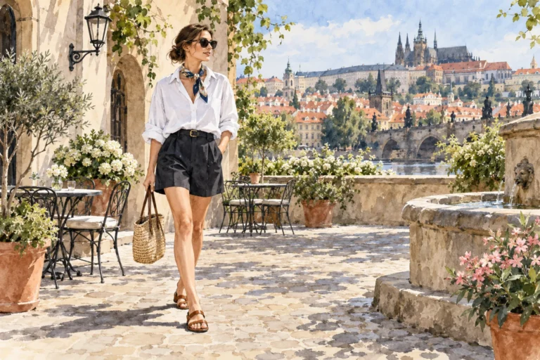 Autorská ilustrace ženy v bílé košili s barevným hedvábným šátkem.
