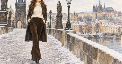 Autorská módní ilustrace ženy v hnědých manšestrových kalhotách a krémovém svetru.