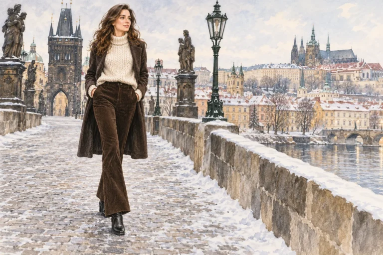 Autorská módní ilustrace ženy v hnědých manšestrových kalhotách a krémovém svetru.