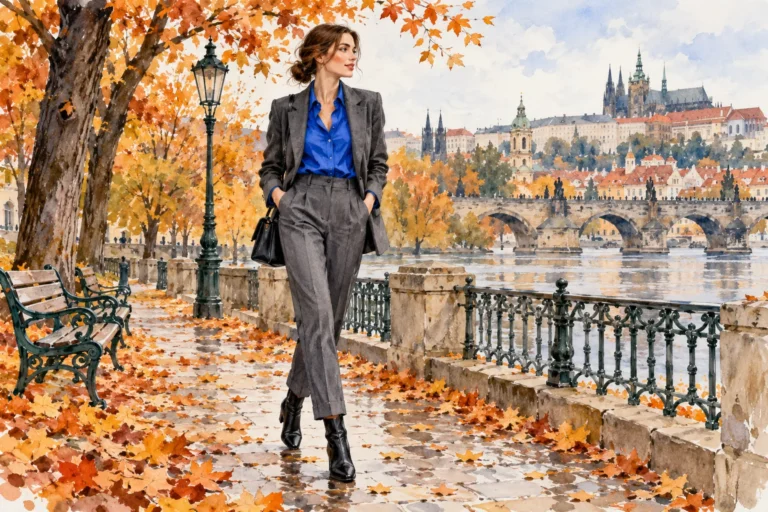 Autorská ilustrace ženy v kobaltově modré košili a šedém kostýmu.