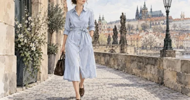 Autorská stylingová ilustrace ženy ve světle modrých košilových midi šatech s páskem a nízkými mokasíny.
