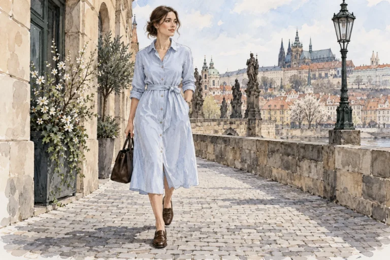 Autorská stylingová ilustrace ženy ve světle modrých košilových midi šatech s páskem a nízkými mokasíny.