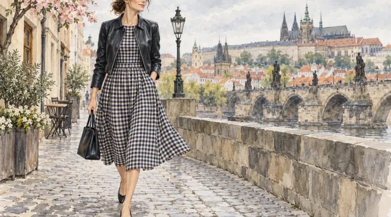 Autorská stylingová ilustrace ženy v tmavomodrých kostkovaných midi šatech, kožené bundě a nízkých botách.